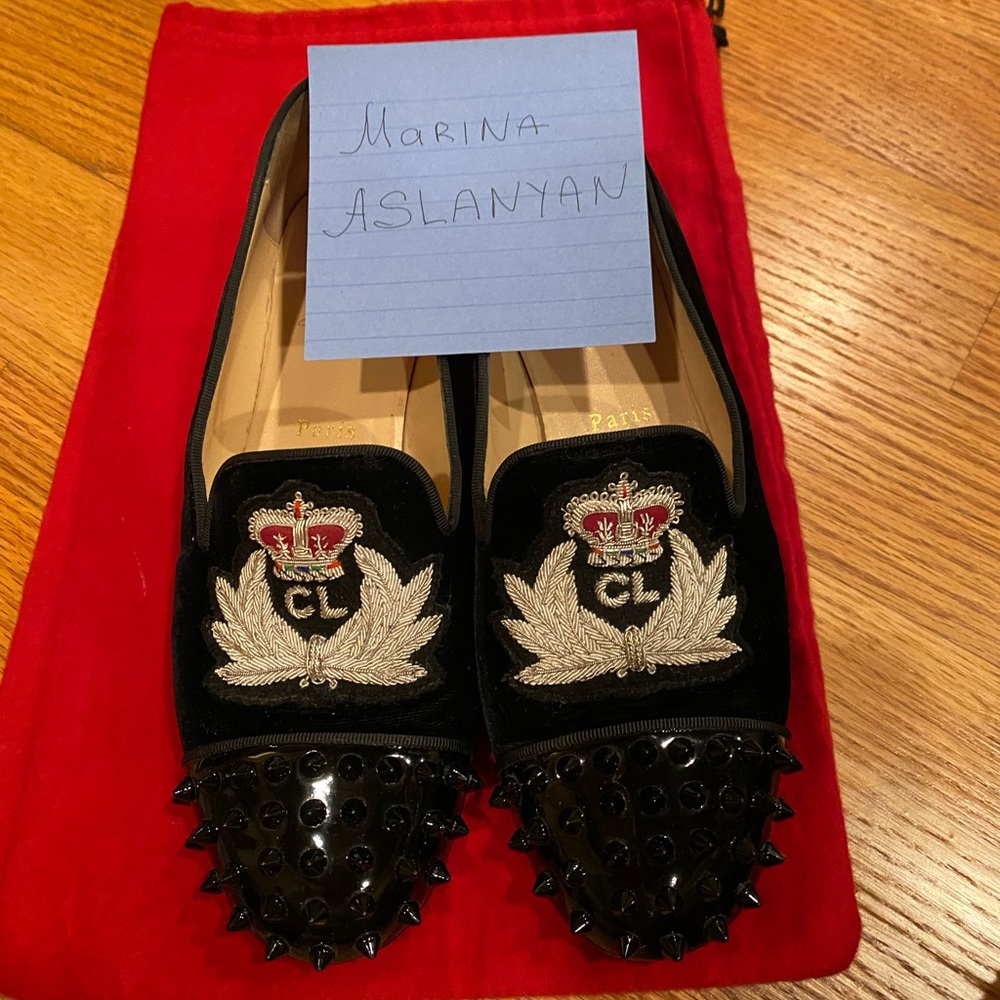 Velvet black  Louboutin spiky moccasins in size 39